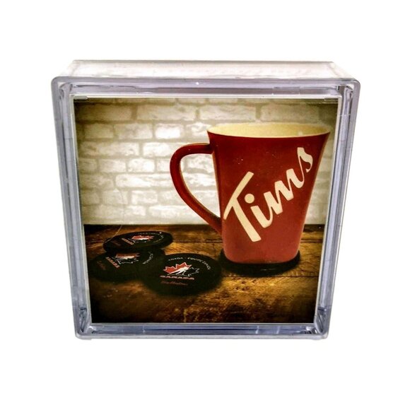 Tim Hortons Team Canada Hockey Puck Coaster Box of 4 NEW Sealed Canadian Coffee - Picture 3 of 5